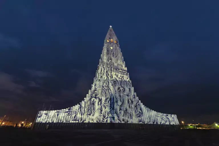 Hallgrímskirkja lid up at a Winter Lights Festival