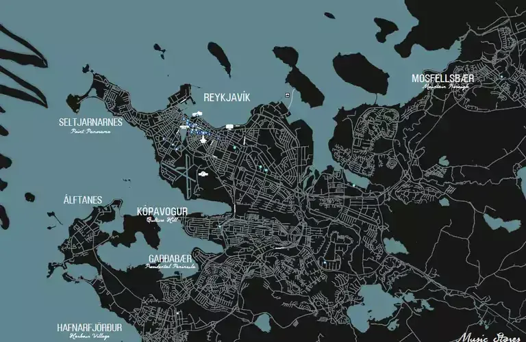 Map of music venues and record stores in Reykjavík